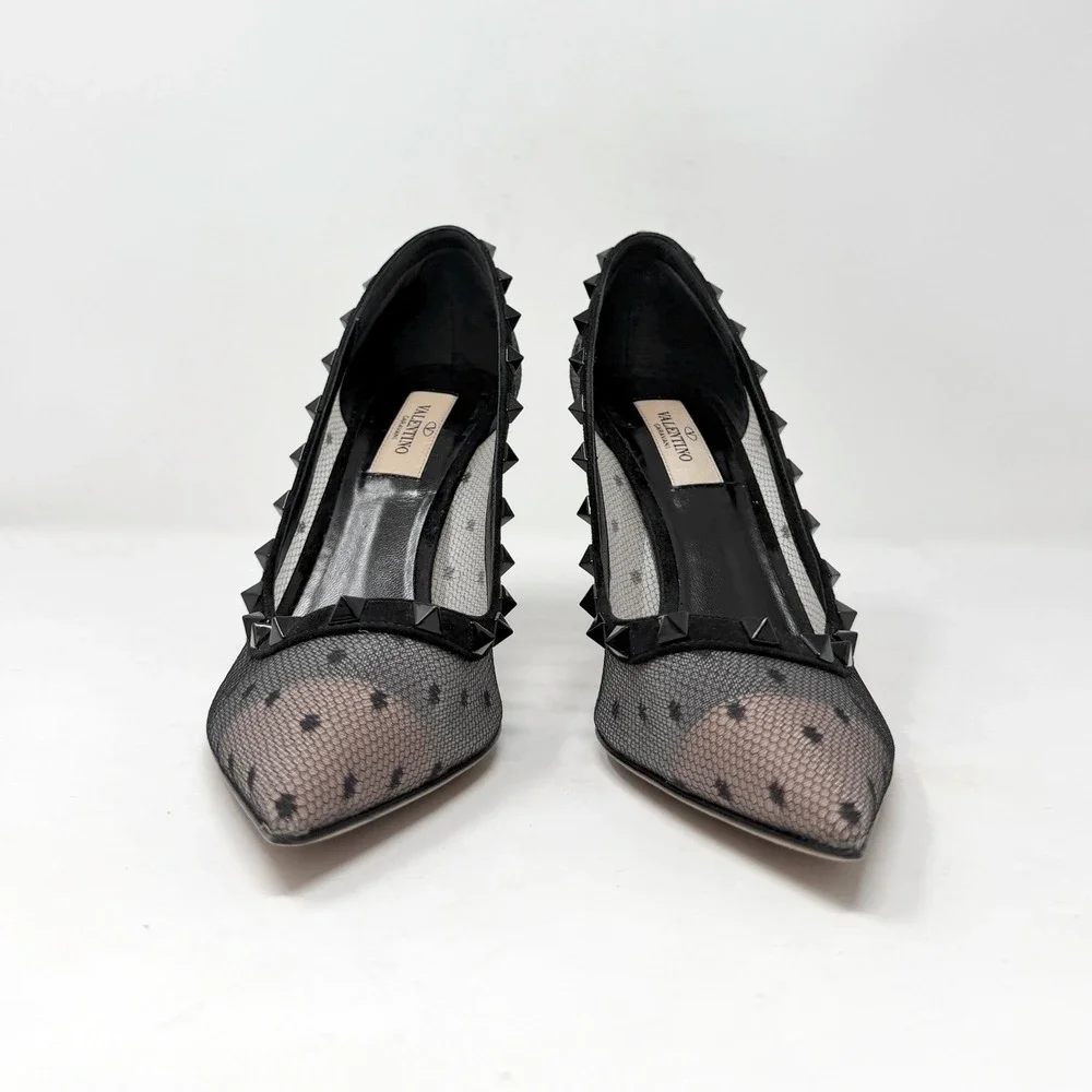 Valentino Rockstud Mesh Pumps Black Suede‎ Pointed Toe Heels 39